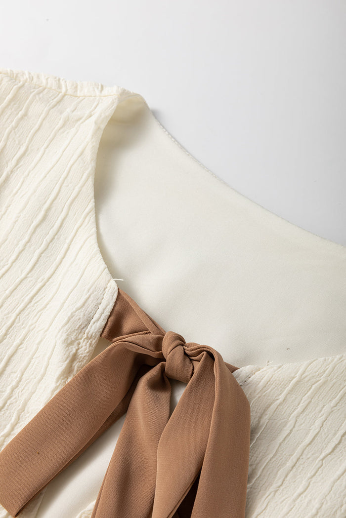 White Textured Bow Ties Front Bubble Hem Puff Short Sleeve Blouse - Tops/Blouses & Shirts