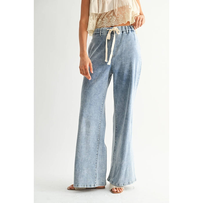 Wide-Leg Denim Trousers with Drawstring - Medium Wash - Intimate Whispers