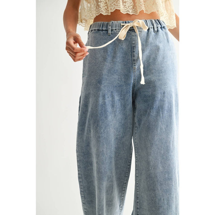 Wide-Leg Denim Trousers with Drawstring - Medium Wash - Intimate Whispers