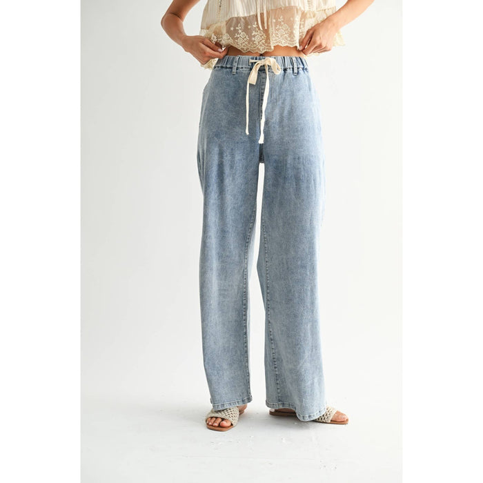 Wide-Leg Denim Trousers with Drawstring - Medium Wash - Intimate Whispers