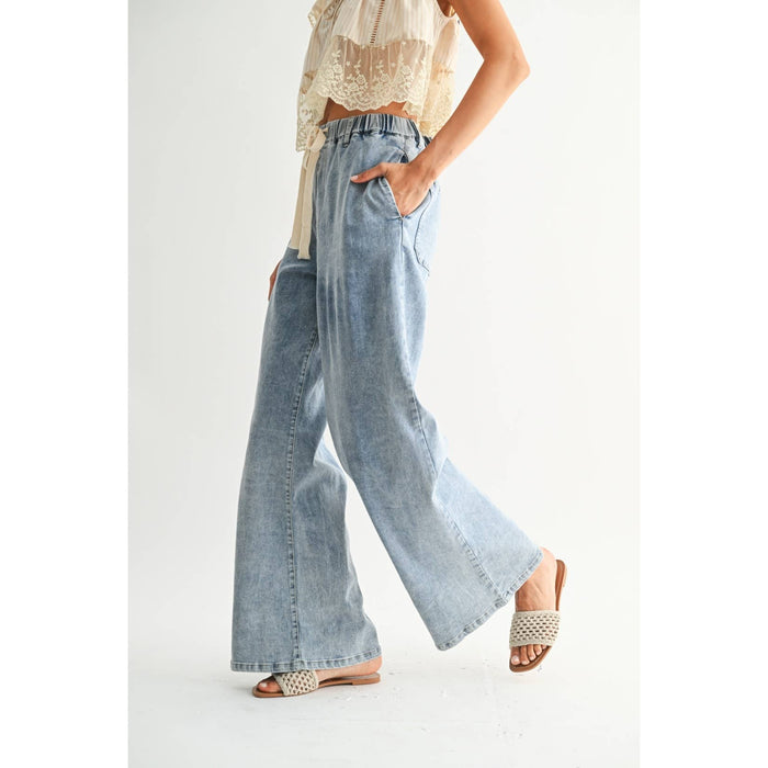Wide-Leg Denim Trousers with Drawstring - Medium Wash - Intimate Whispers