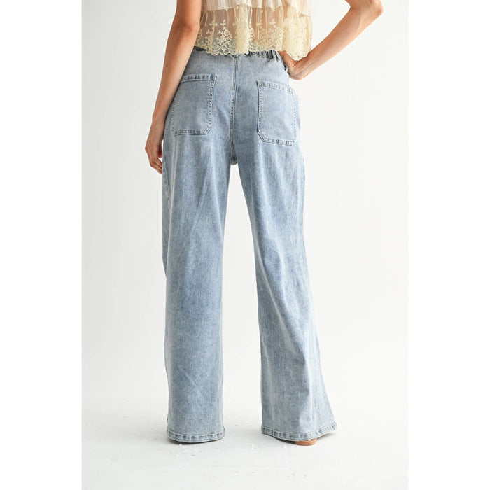 Wide-Leg Denim Trousers with Drawstring - Medium Wash - Intimate Whispers