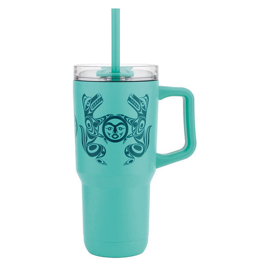 Wolves and Full Moon Insulated Tumbler with Indigenous-inspired artwork and reusable straw.