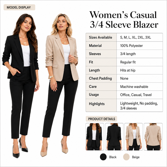 Lightweight 3/4 sleeve blazer for women styled over everyday outfit with soft unstructured shape and washable fabric daily up