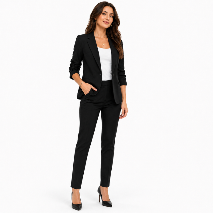 Women 3/4 sleeve blazer showing relaxed tailoring, breathable polyester feel and polished casual workwear styling for days up