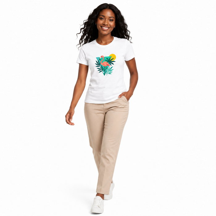 Women graphic tee with playful flamingo print, soft cotton blend feel, and bright summer styling for beach days and brunches.