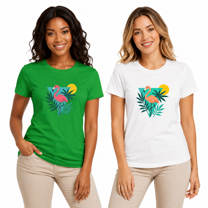 Women's graphic tee shirts with tropical flamingo print flattering everyday drape, and relaxed summer styling for casual wear