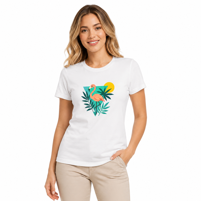 Flamingo graphic tee for women with bright summer design, gift-ready appeal, and comfortable cotton blend everyday fit today.