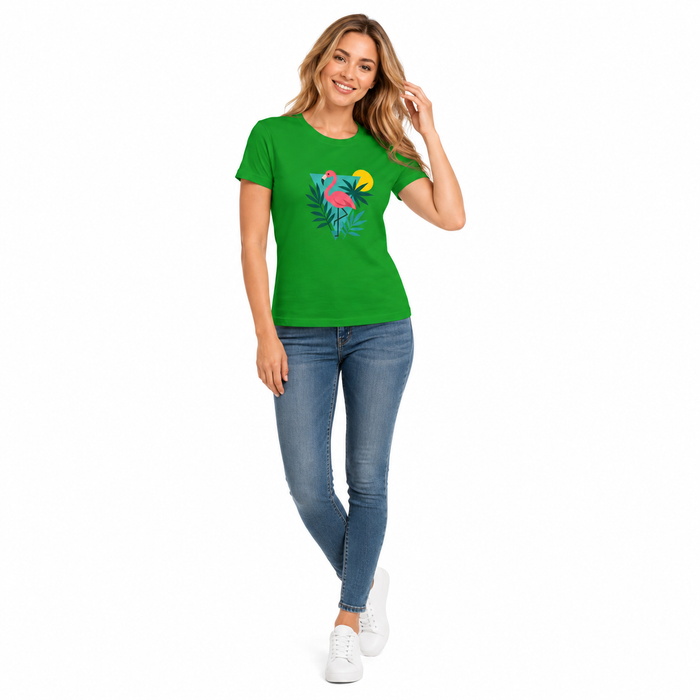 Women t shirt cotton blend with flamingo graphic, ribbed collar and soft breathable feel for beach trips and weekend outfits.