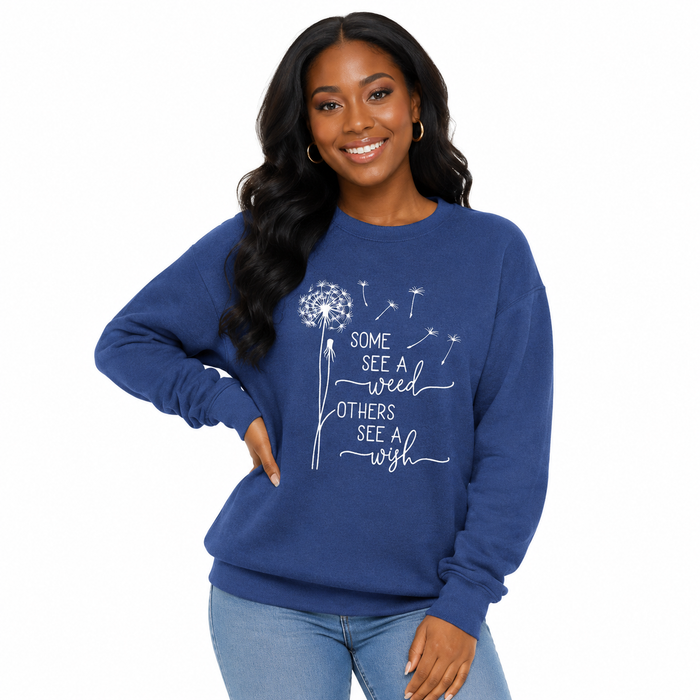 Blue printed sweatshirt for women with Some See Wishes message, soft cotton blend feel and easy everyday layering style today