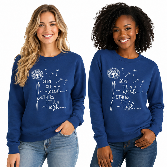 Women sweatshirt blue with quote print, cotton blend pullover design and relaxed fit for casual daily outfits and streetwear.
