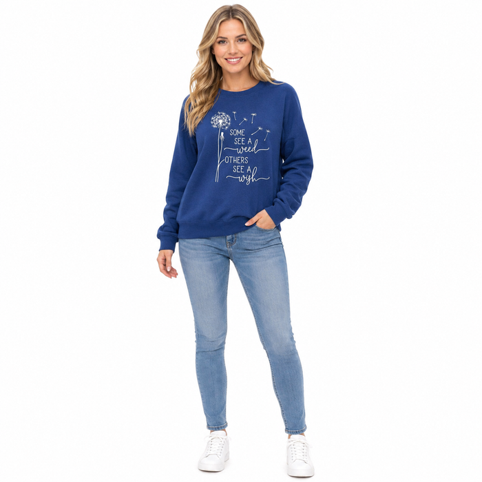 Printed sweatshirt for women in rich blue shade with inspirational message, loose fit and all-season casual layering comfort.