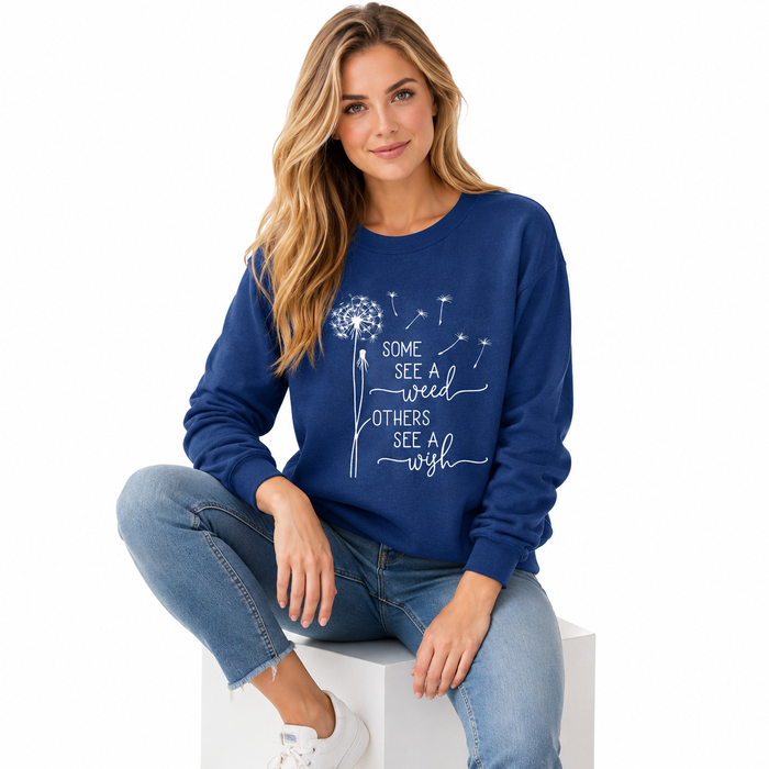 Cotton blend women sweatshirt blue design with bold front print, relaxed silhouette and easy styling for weekend casual wear.