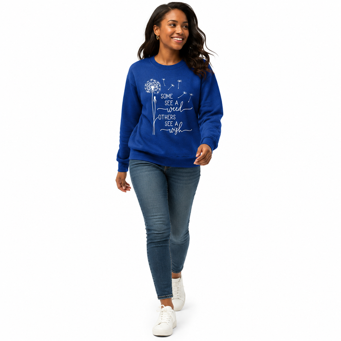 Casual women sweatshirt blue outfit with quote print, soft sweater fabric and comfortable shape for errands or creative days.