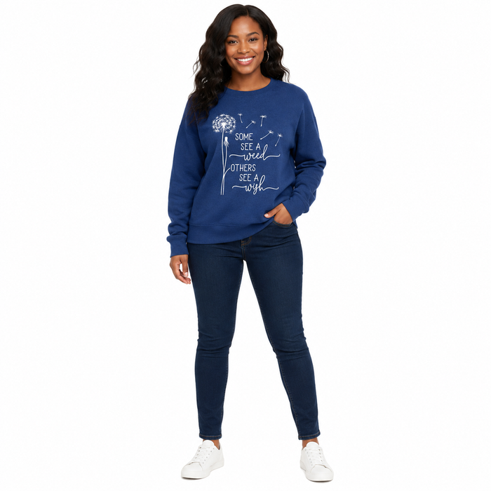 Streetwear sweatshirt for women in blue with inspirational message, medium-thickness cotton blend and relaxed pullover shape.
