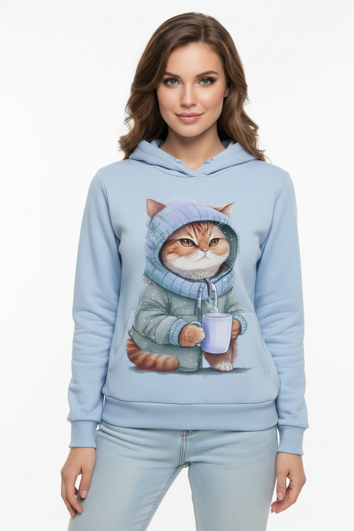 Front view of women's cat print hoodie with lifelike feline graphic