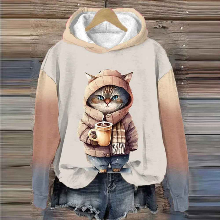 Close-up of digital cat print on thick brushed polyester hoodie