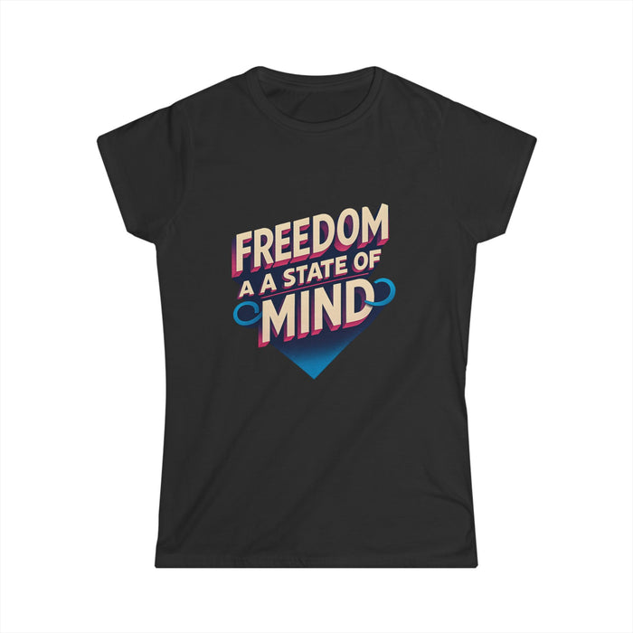 Women's softstyle empowerment shirt with bold freedom artwork, ribbed collar, and structured side seams for everyday outfits.