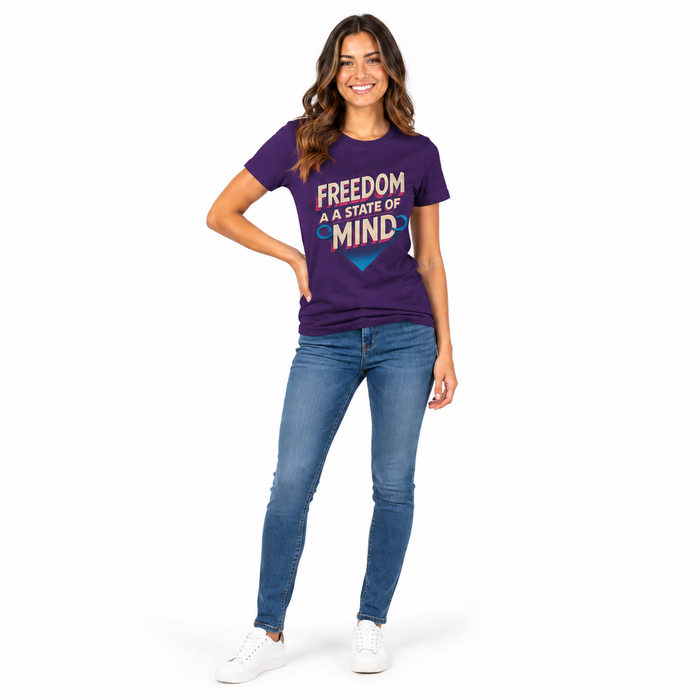 Freedom State of Mind women's tee with empowering graphic print, short sleeves, and lightweight comfort for casual wear today
