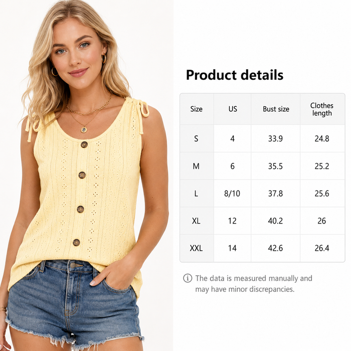 Women's eyelet tank top size chart with model, sizes S to XXL shown