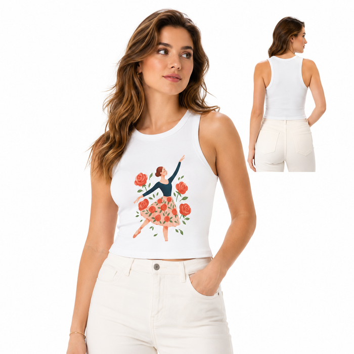 Women's floral tank top with a high neckline, fitted micro rib texture, and ballet-inspired design for casual summer outfits.