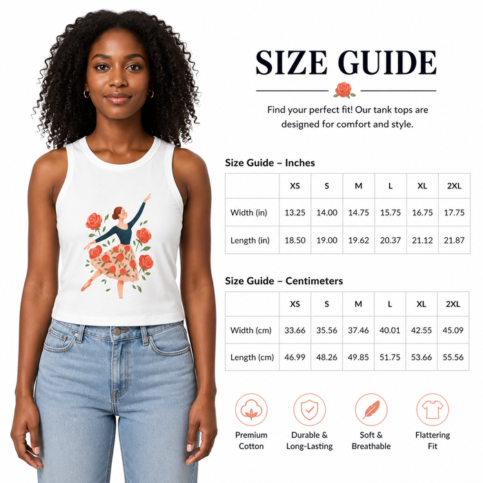 Front view of women's floral tank top showing the fitted racer shape, modern high neckline, and feminine floral dance design.