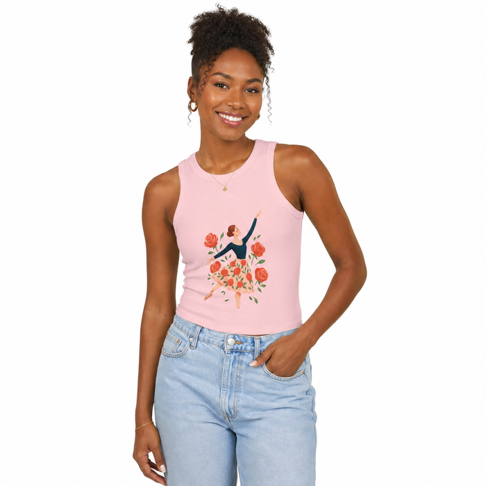 Detail view of the floral dance tank top highlighting the 1x1 micro rib texture, modern high neck, and fitted sleeveless cut.