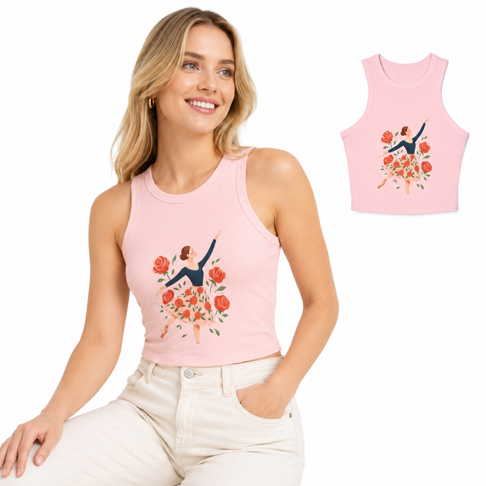 Women's ballet-inspired tank top paired with denim and simple layers for an easy summer outfit and graceful everyday styling.