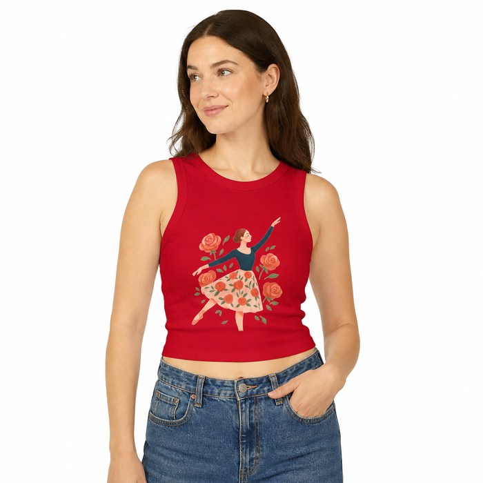 Studio back view of the women's floral racer tank showing the racerback shape, fitted profile, and versatile layering appeal.