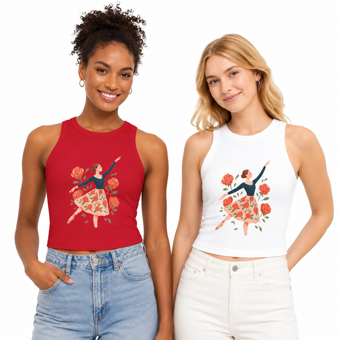 Close-up of women's floral tank top fabric showing the cotton-polyester blend, 1x1 micro rib finish, and floral dance design.
