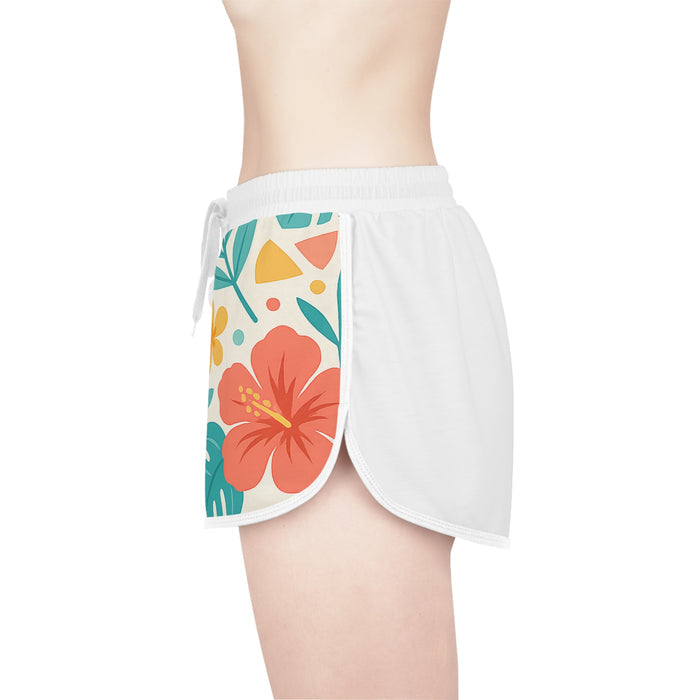 White shorts with a colorful floral pattern on a white background