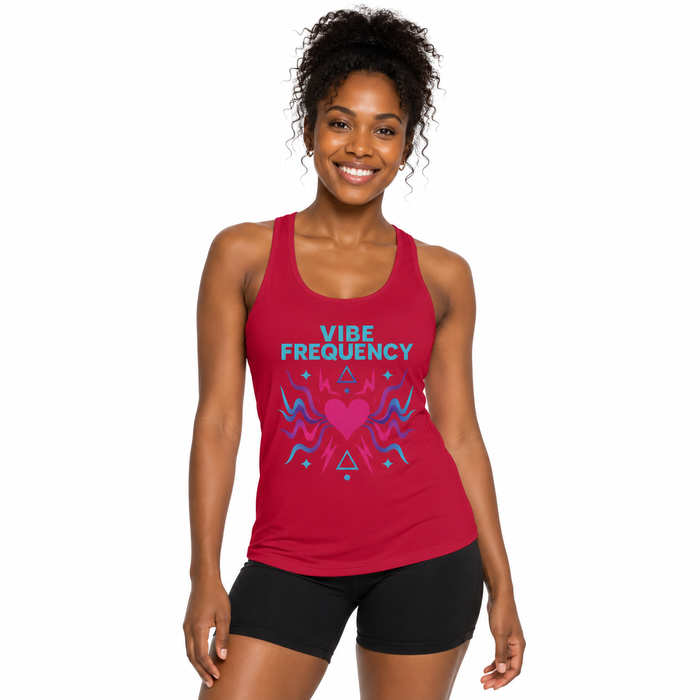 Women's racerback tank with Vibe Frequency graphic, styled on a model for summer workouts, yoga, festivals, and casual looks.