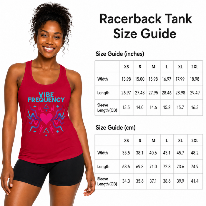 Red women's racerback tank with Vibe Frequency print, shown on a model against white background for bold active summer style.