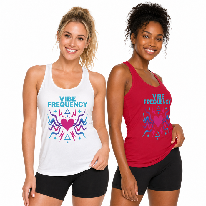 Women's workout tank top with racerback cut and Vibe Frequency graphic, styled for the gym, yoga, and easy warm-weather wear.