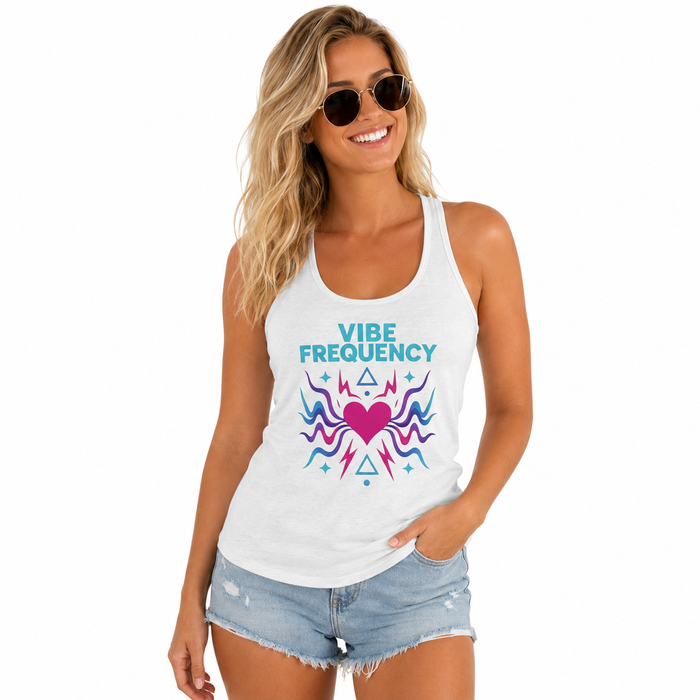 Cotton polyester women's racerback tank with front graphic shown on a model for gym workouts, yoga, and everyday summer wear.