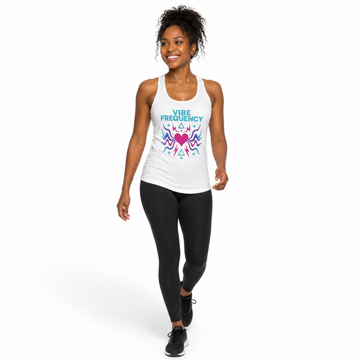 Women's activewear racerback tank with Vibe Frequency print, styled on white for a refined online store product presentation.