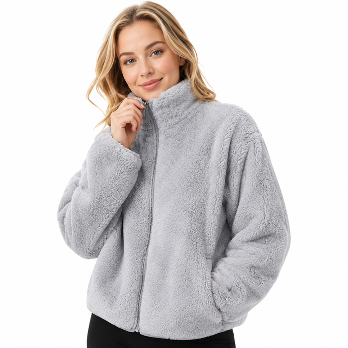 Women's warm fleece jacket in soft Tencel coral fleece with stand collar, half sleeves and cozy daily layering for cool days.
