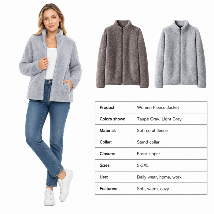 Soft coral fleece cardigan jacket for women with stand collar, princess silhouette and comfortable S-3XL fit for daily layers