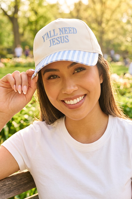"Y'all Need Jesus" Stripe Baseball Cap-Blue-Cute-Trendy-Shop-Womens-Boutique-Clothing-Store