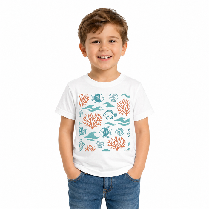 Youth t shirts with under the sea fish print, soft cotton comfort for solid colors and easy summer styling for beach days now