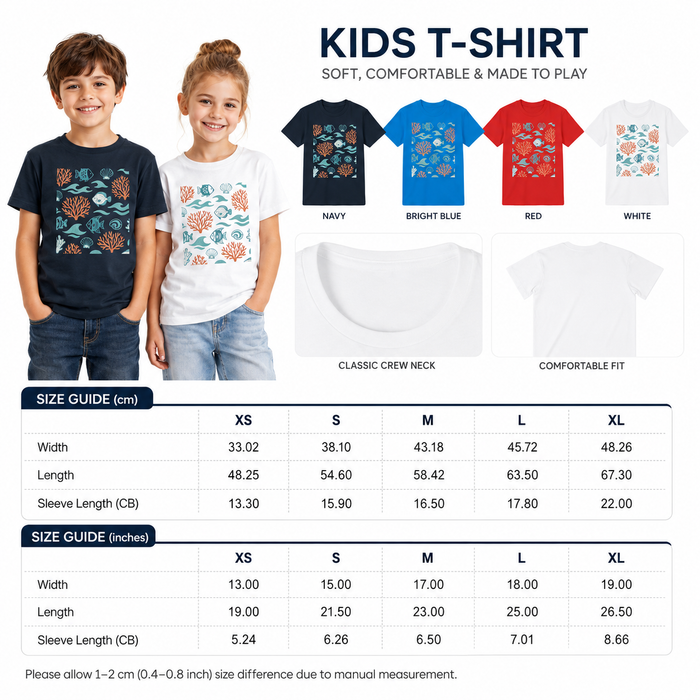 Kids ocean graphic tee with coral and fish artwork, lightweight feel and soft cotton comfort for school trips and summer fun.