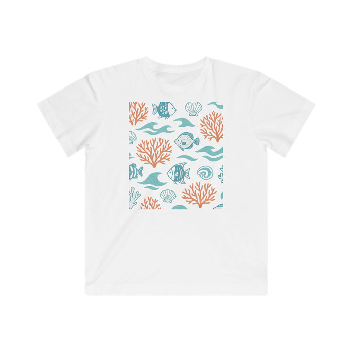 Kids summer beach tee with ocean inspired print, easy casual styling and a comfortable structure for active warm days out now