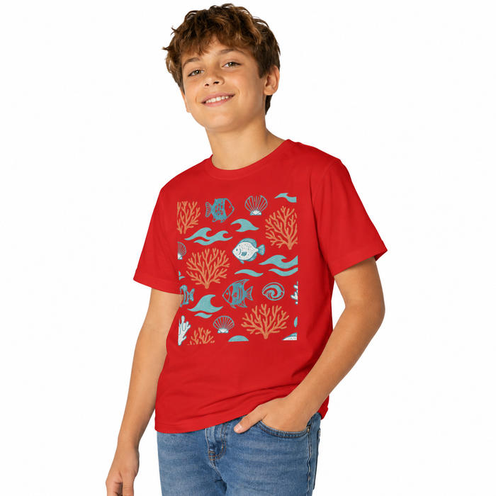 Youth t shirts with colorful underwater artwork and soft solid color cotton feel for easy pairing with shorts or jeans daily.