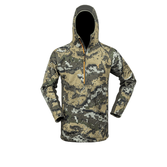 A camouflage hunting hoodie with a hood, zippered lower pockets, and a high-cut 1/2 front zipper.
